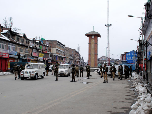Security personnel on duty during a strike called by Hurriyat Conference