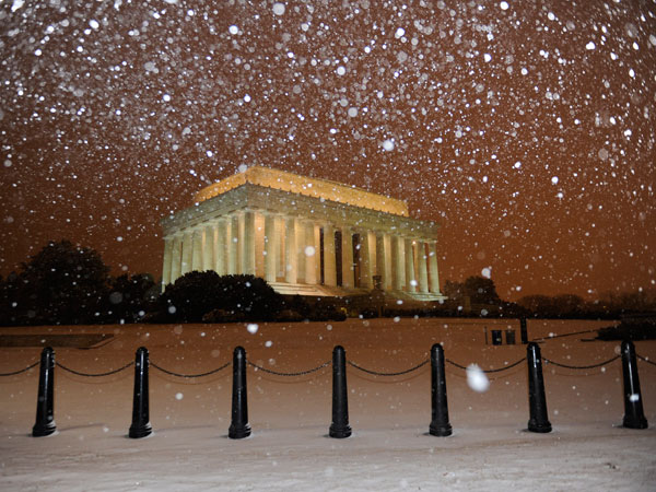 The Lincoln Memorial is seen in snow storm in Washington D.C.