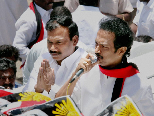 MK Stalin and A Raja during the election campaign rally