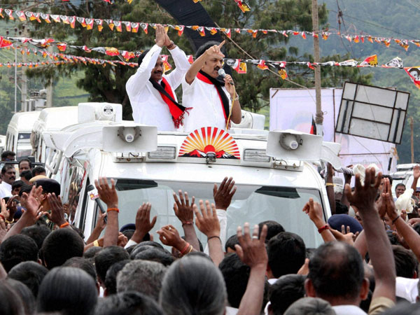 DMK Leader MK Stalin with DMK Candidate A Raja 