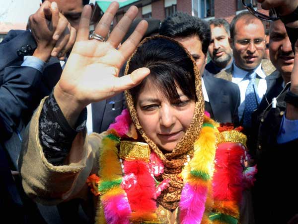 Mehbooba Mufti waves to supporters after filing her nomination papers