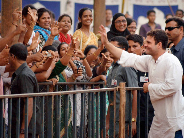 Rahul Gandhi meets supporters at an election rally