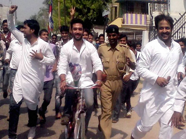 LJP leader Chirag Paswan rides a bicycle