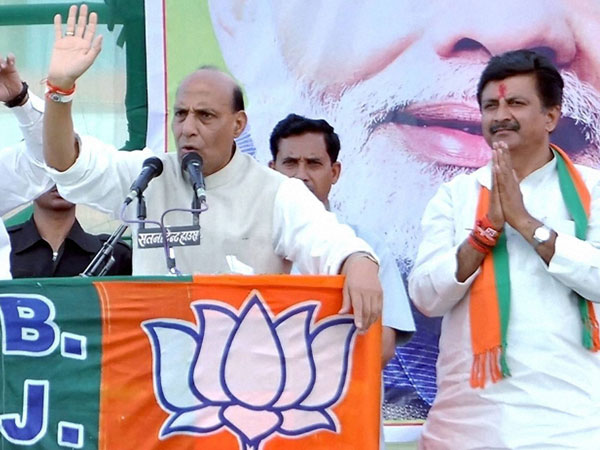 Rajnath Singh addressing an election meeting in Satna Rajnath Singh addressing an election meeting in Satna