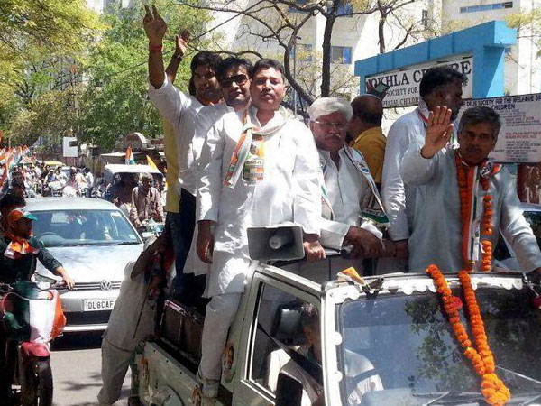 Sandeep Dikshit at an election road show in New Delhi