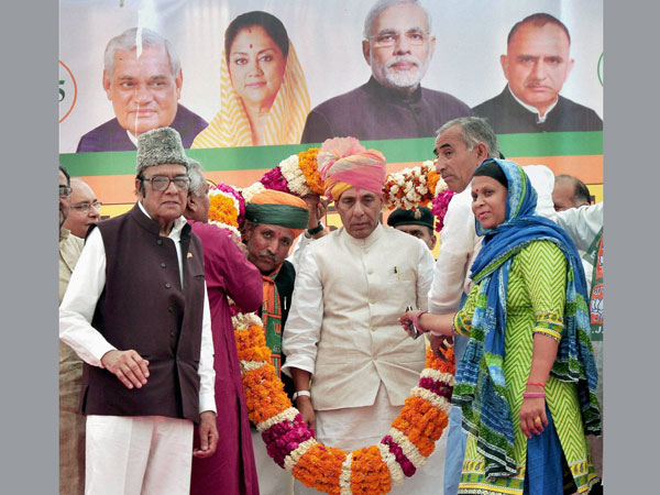 ajnath Singh being welcomed at an election rally ajnath Singh being welcomed at an election rally