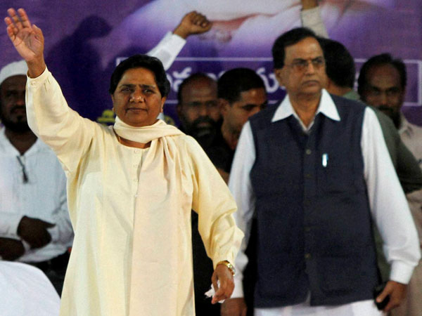 Mayawati waves during an election campaign