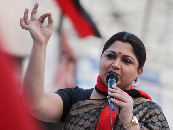 DMK leader Kushboo at an election campaign rally