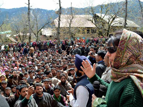 Mehbooba Mufti addressing at an election campaign rally