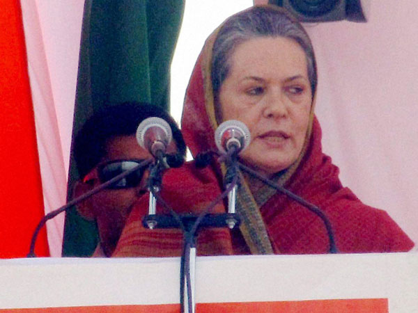 Sonia Gandhi addresses an election campaign rally