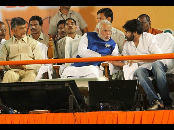 Pavan Kalyan of Jana Sena Party at a public meeting of NDA in Hyderabad