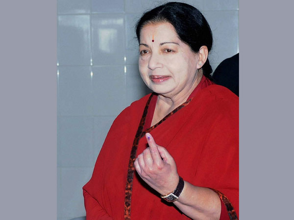 AIADMK supremo Jayalalithaa shows her inked finger