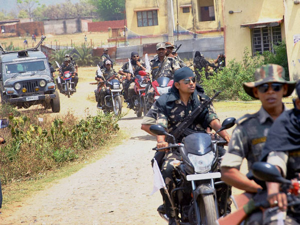 Security personnel patrol during the Lok Sabha polls