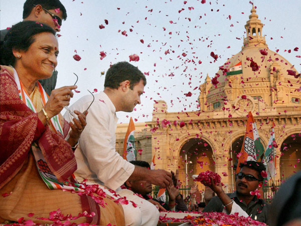 Rahul Gandhi during a road show in support