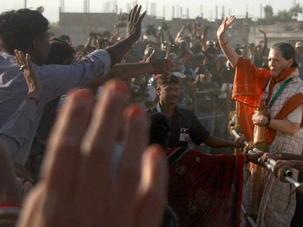 Sonia Gandhi meets supporters at an election rally