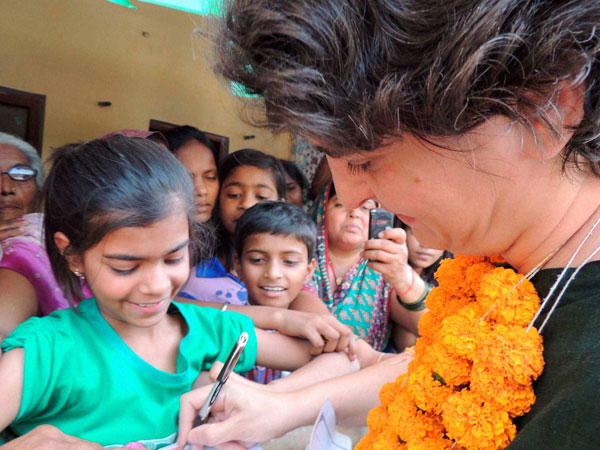 Priyanka Vadra with students during an election campaign