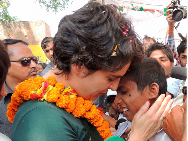 Priyanka Vadra interacts with students during an election campaign