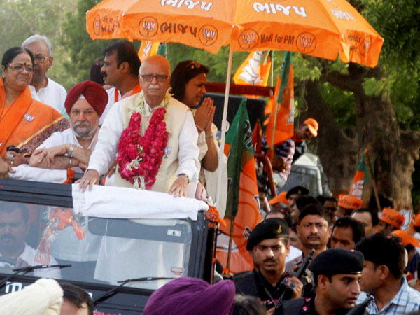 L K Advani waves during his election campaign in Gandhinagar