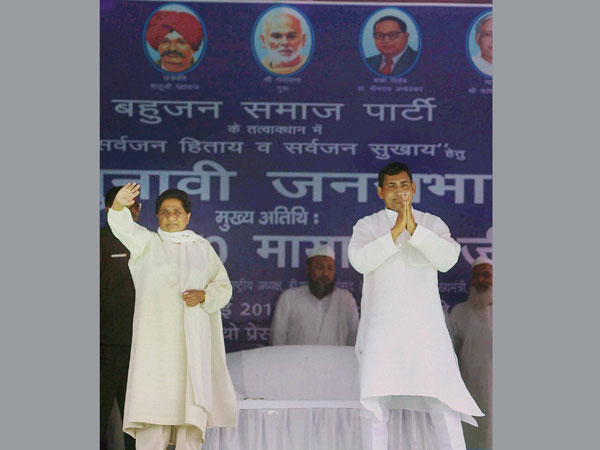 BSP supremo Mayawati waves to crowd at an election rally