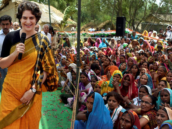 Priyanka Vadra addresses villagers during her election campaign