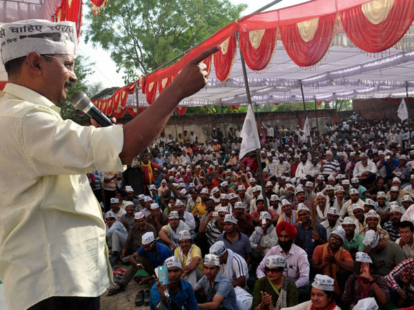 AAP convener Arvind Kejriwal addresses an election campaign