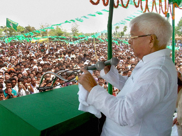 RJD chief Lalu Prasad addresses an election rally