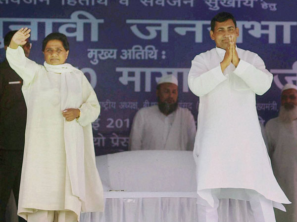 BSP supremo Mayawati waves to crowd at an election rally in Roorkee