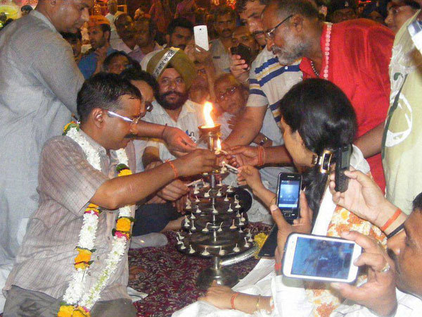Arvind Kejriwal during the Ganga arti in Varanasi