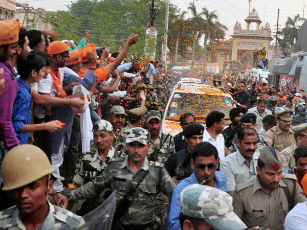 Narendra Modi's vehicle during an election road show
