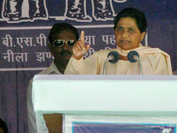 Mayawati addresses at an election campaign rally in Varanasi