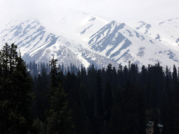 A scenic view of snow-clad mountain from Gulmarg of Jammu and Kashmir