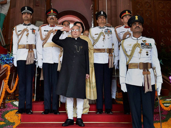President Pranab Mukherjee taking salute of his guards 