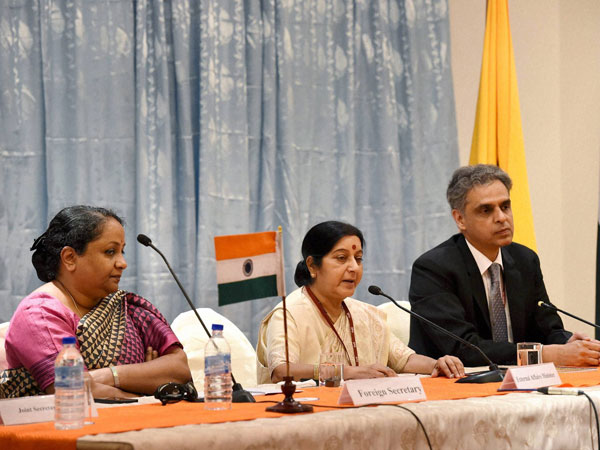 External Affairs Minister Sushma Swaraj along with Foreign Secretary Sujatha Singh