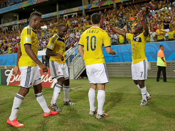 Colombia's James Rodriguez (10) celebrates