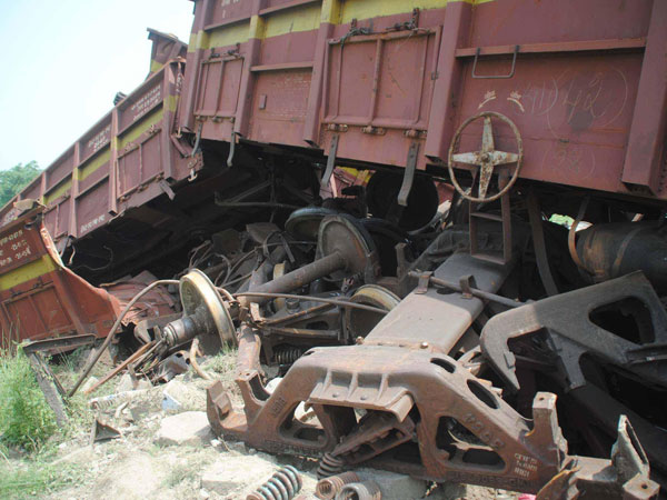 The coaches of a goods train which jumped tracks