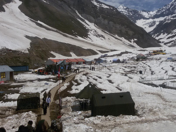 A view of snow-clad Sheshnag base camp in Jammu and Kashmir