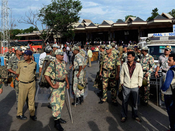 Armed Paramilitary force deployed in front of the Mahatma Gandhi