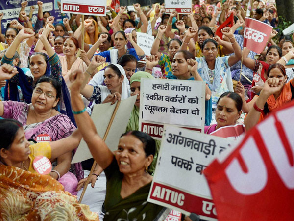 Aganwadi workers protest with their demands