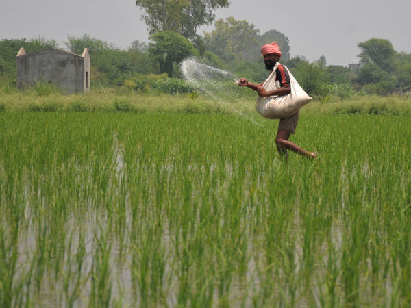 A farmer sprays fertilizer in his fields on the outskirts