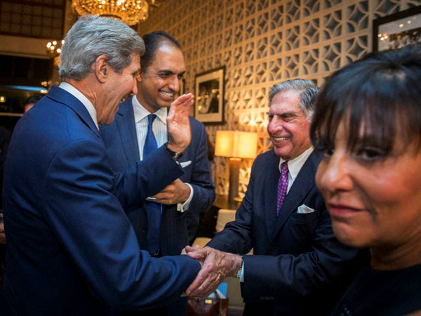 Secretary of State John Kerry, left, greets Ratan Tata