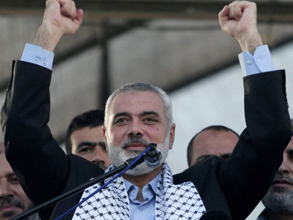 Haniyeh speaks at a rally in Gaza