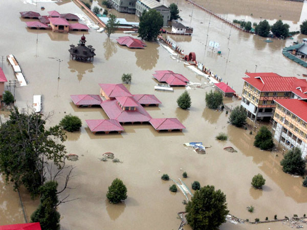 An aerial view of a flooded locality in Srinagar city