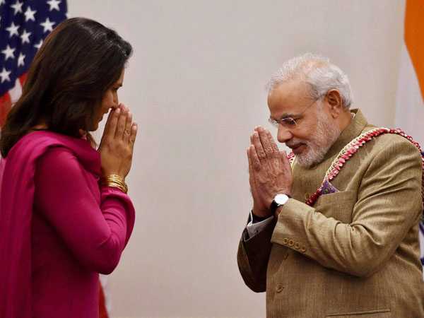 Prime Minister Narendra Modi greets Member of House of Representatives Tulsi Gabbard