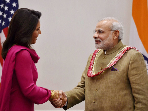 Prime Minister Narendra Modi greets Member of House of Representatives Tulsi Gabbard