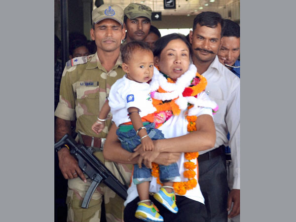 Bronze medal winner L Sarita is welcomed upon her arrival