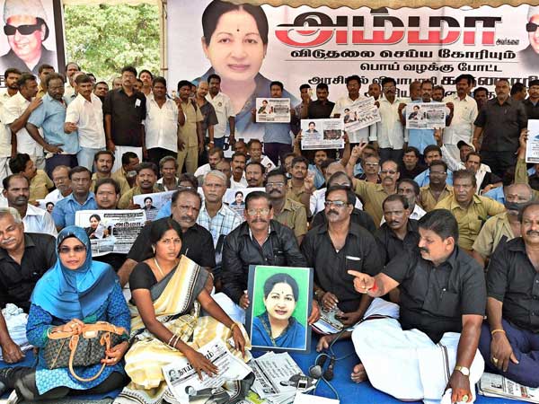 Members of Tamil Nadu State Transport Corporation sit on a hunger strike