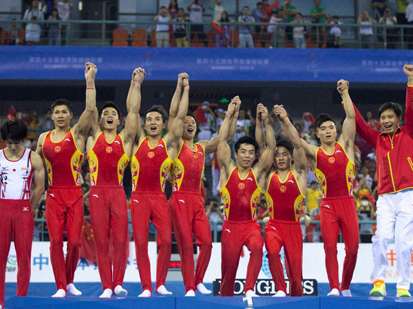 Chinese gymnast team celebrates gold 