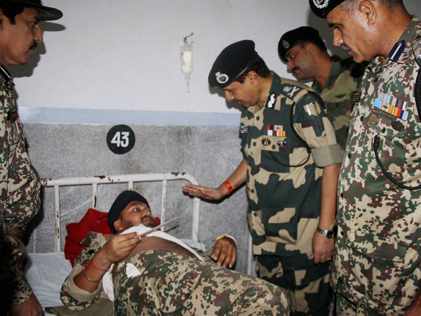 BSF Director General D K Pathak meets an soldier injured