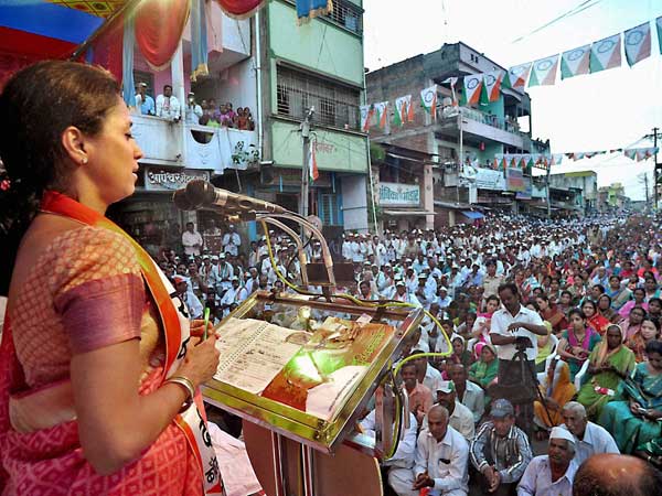NCP leader Supriya Sule addresses an election campaign 