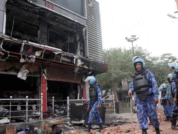 RAF men patrol in Trilokpuri, New Delhi 